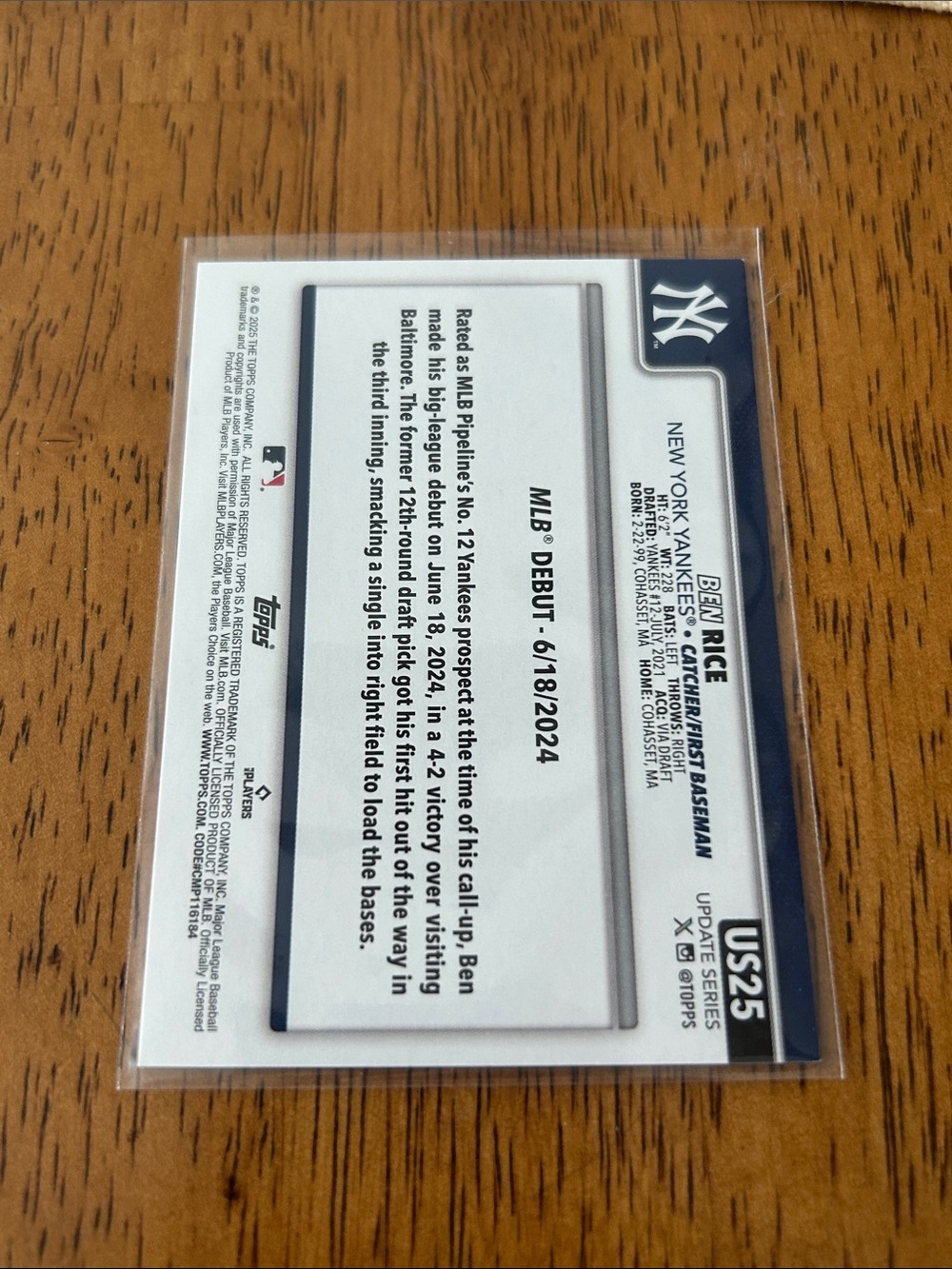 2025 Topps Update Series - Rookie Debut Ben Rice #US25 (RC) - Picture 2 of 2